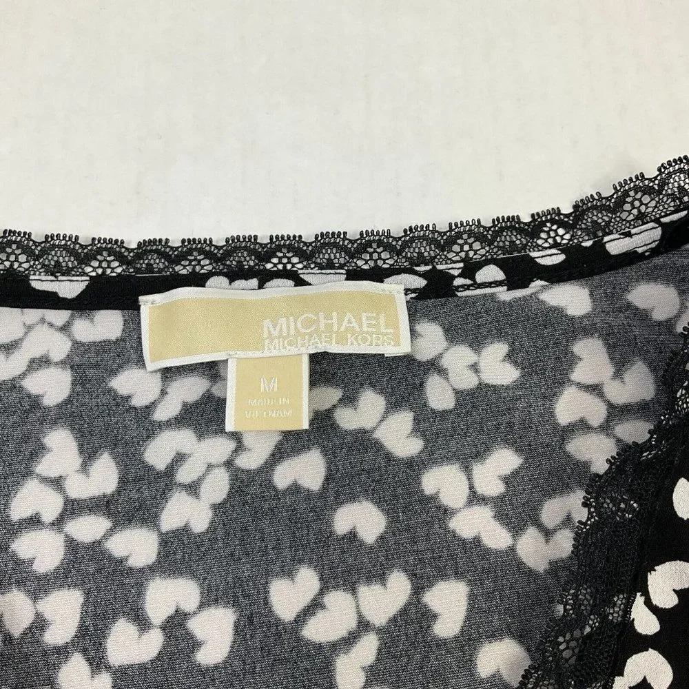 Michael Kors Womens Lace Blouse Black White Stretch Short Sleeve Shirt M Medium